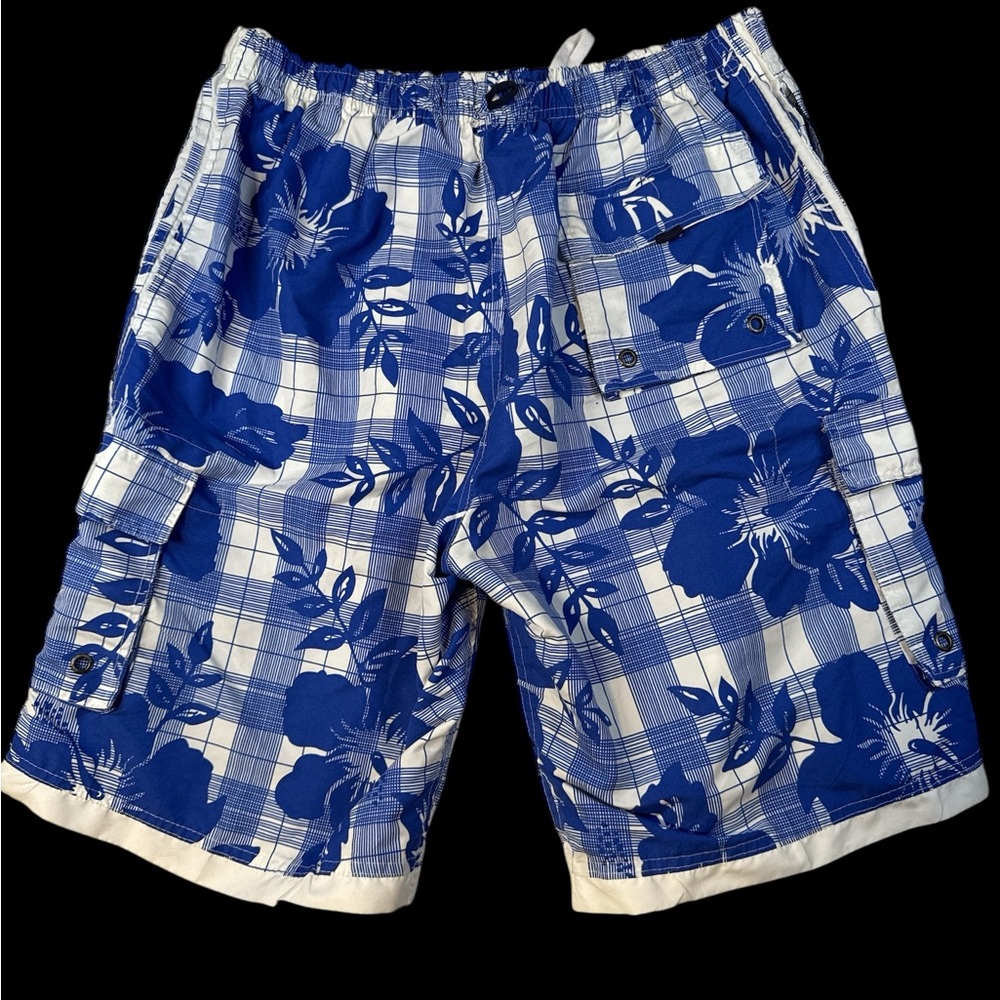 Pacific Surf By Exist Men’s Swim Trunks XL Blue Floral Plaid Cargo Board Shorts